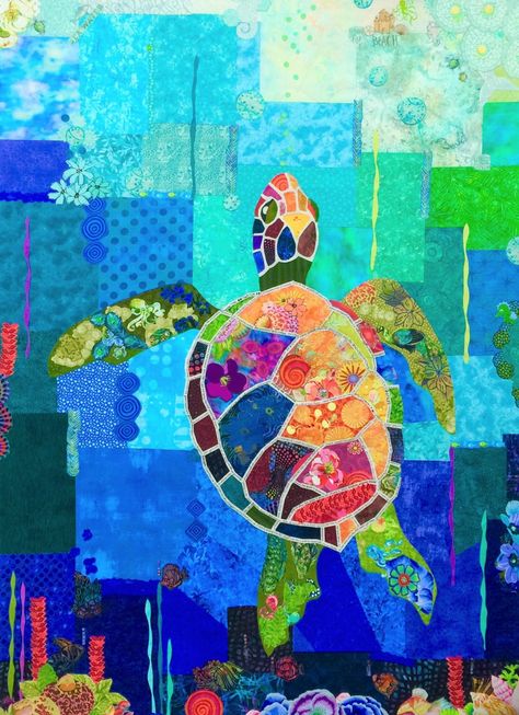 Turtle Collage, Sea Turtle Quilts, Turtle Quilt, Boro Stitching, 3d Quilts, Keepsake Quilting, Coastal Painting, Turtle Pattern, Fabric Collage