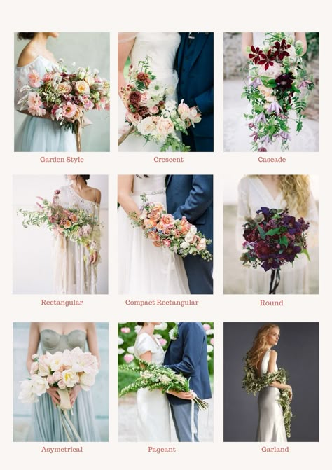 Bouquet Guide Different Bouquet Styles, Bride Bouquet Shapes, Bridesmaid Bouquet Sizes, Different Types Of Bouquets, Wedding Bouquets Shapes, Bridal Bouquet Shapes Guide, Wedding Bouquet Types, Wedding Bouquet Types Shape, Bridal Bouquet Ideas 2024