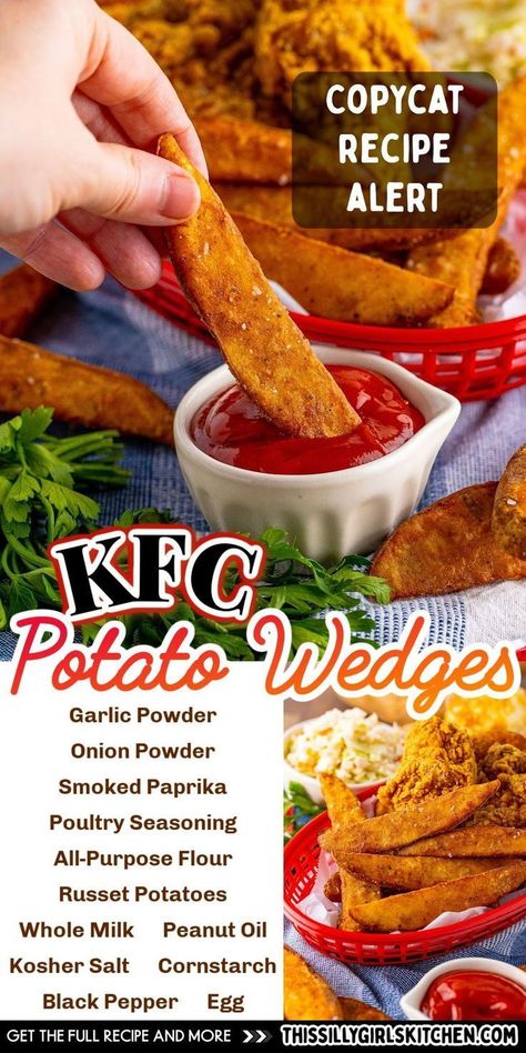 For all you KFC enthusiasts and potato wedge lovers out there, this recipe is a guaranteed winner. Imagine this: crispy potato wedges that'll make your mouth water. The batter is packed with paprika, garlic, onion powder, and a hint of poultry seasoning. Brace yourself for a new favorite! Crispy Wedges, Potato Wedges Fried, Kfc Potato Wedges, Kentucky Chicken, Homemade Potato Wedges, Wedge Fries, Crispy Potato Wedges, Potato Wedges Recipe, Wedges Recipe