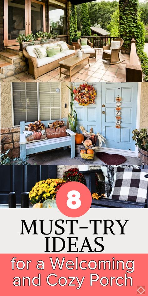 Bring comfort and style to your porch with these 8 ideas! From layering cozy blankets to choosing inviting colors, these tips create a warm, welcoming porch perfect for relaxing. Save this pin to design an outdoor space that’s beautiful, cozy, and all about you. Cozy Porch, Front Door Hardware, Inviting Colors, Decorative Gourds, Plant Images, Light Images, Outdoor Mat, Hanging Lanterns, Small Trees