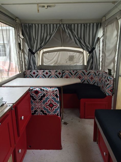 Pop Up Camper Remodel, Tent Trailer Remodel, Bedding Navy, Plum Bedding, Trailer Makeover, Camper Cushions, Popup Camper Remodel, Pop Up Tent Trailer, Camper Redo