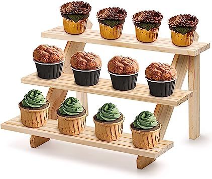 Coloch Soporte de madera para cupcakes de 3 niveles, soporte rústico para joyas, para cupcakes, postres, broche, pulsera, exhibición de joyas de mesa, 15.8 x 9 x 10.2 pulgadas Craft Fair Display Table, Wooden Cupcake Stands, Jewelry Holder Stand, Cupcake Display Stand, Countertop Display, Earring Display Stands, Craft Fair Displays, Display Risers, Cupcake Display