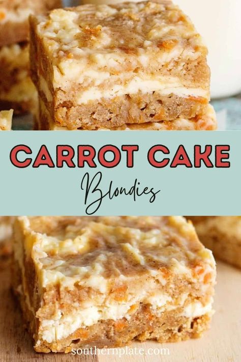 Carrot cake blondies feature everything you love about carrot cake in the form of a decadent fudge brownie. Cream cheese marbled throughout keeps people coming back for just one more bite. Carrot Brownies, Brownie Cream Cheese, Impressive Thanksgiving Desserts, Blondie Dessert, Apple Crisp Pie, Carrot Cake Bars, Banana Pudding Cheesecake, Southern Plate, Fudge Brownie