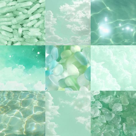 A mint green aesthetic moodboard with a crystal/water/sky theme Green Aesthetic Moodboard, Mint Green Aesthetic, Crystal Water, Aesthetic Moodboard, Minty Green, Green Aesthetic, My Vibe, Mood Boards, Mint Green