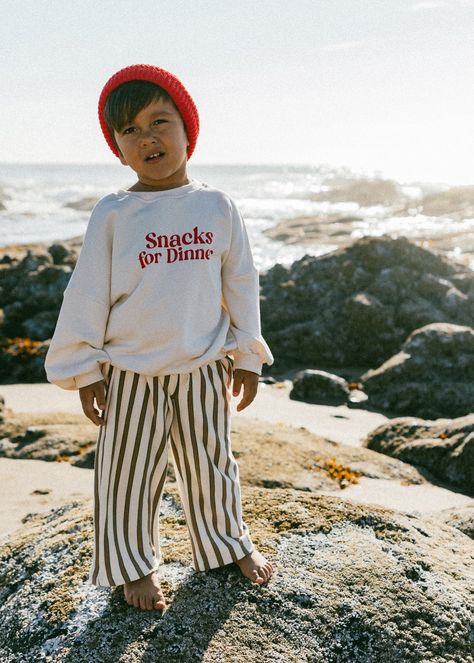 Graphic Crewneck- Snacks For Dinner- Red – Fostered Collection Little Kids Outfits, Winter Capsule, Green Product, Striped Wide Leg Pants, White Crewneck, Timor Leste, Baby Outfit, Seychelles, Papua New Guinea