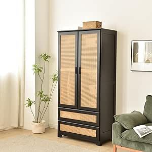 Pine Wood Closet with Rattan Doors and Two Drawers (Black) Rattan Armoire, Diy Hutch, Armoire Diy, Modern Armoire, Wood Closet Systems, Solid Wood Armoire, Rattan Doors, Wood Closet, Wood Armoire