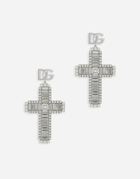 KIM DOLCE&GABBANA Cross earrings with rhinestone accents in Crystal for Women | Dolce&Gabbana® Pave Ear Cuff, Dolce And Gabbana Earrings, Creole Earrings, Dg Logo, Crystal Cross, Rhinestone Cross, White Crosses, Gold Pearl Earrings, Themed Jewelry