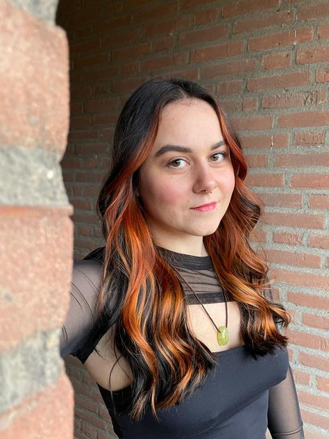 Peekaboo Hair Color Copper, Ginger Money Piece Hair Brunette, Copper Peak A Boo Hair, Orange Brown Hair Color, Black And Copper Hair, Brown Orange Hair, Peak A Boo Hair, Copper Orange Hair, Orange Brown Hair