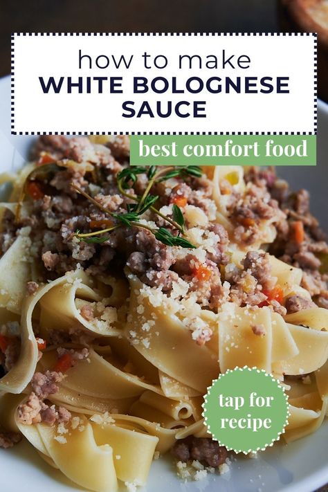 Learn how to make white Bolognese sauce in under an hour. A quick meat sauce recipe perfect for pappardelle, rigatoni or your favorite pasta. A great Sunday dinner recipe for the whole family. Make this homemade pasta sauce ahead for your next dinner party. White Bolognese, Winter Pasta Recipes, Traditional Bolognese, Homemade Pasta Sauce Recipe, Chicken Bolognese, Meat Sauce Recipe, Bolognese Sauce Recipe, Pasta With Meat Sauce, Meat Sauce Recipes