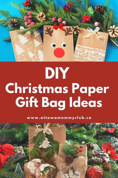 Craft Paper Presents Wrapping Ideas, Xmas Gift Bags Diy, Paper Bags Christmas Crafts, Holiday Gift Bag Decorating Ideas, Christmas Paper Bags Ideas Kids Crafts, Decorating Paper Bags Ideas, Decorating Christmas Gift Bags, Decorating Gift Bags For Christmas, Xmas Bags Ideas