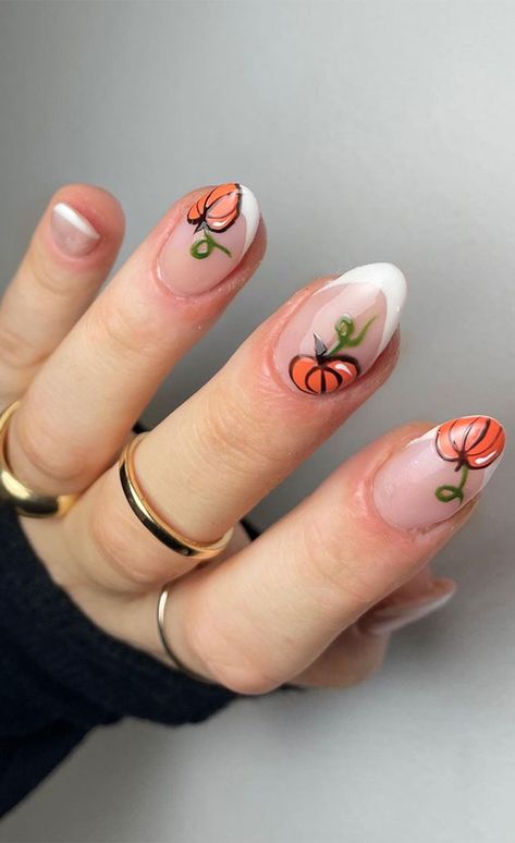 35 October Nail Art Designs : Mix and Match French Tip & Pumpkin Fall Pedicures, Pumpkin Nail Designs, Pumpkin Nail Art, Black Halloween Nails, Sheer Nails, Cute Halloween Nails, Pumpkin Nails, October Nails, Nagel Tips