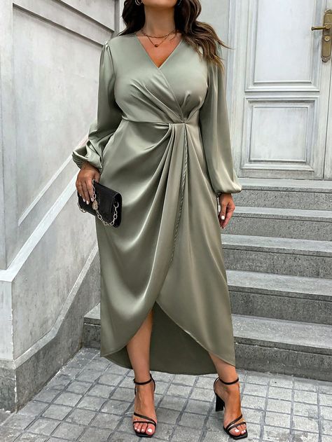 Plus Lantern Sleeve Wrap Hem Satin Dress Army Green Elegant  Long Sleeve Woven Fabric Plain A Line Non-Stretch  Women Plus Clothing, size features are:Bust: ,Length: ,Sleeve Length: Dresses For Curvy Women, Frock Designs, Wrap Front Dress, Vestido Plus Size, Cocktail Attire, Date Night Dresses, Embroidery Suits, Lantern Sleeve, Christmas Dress