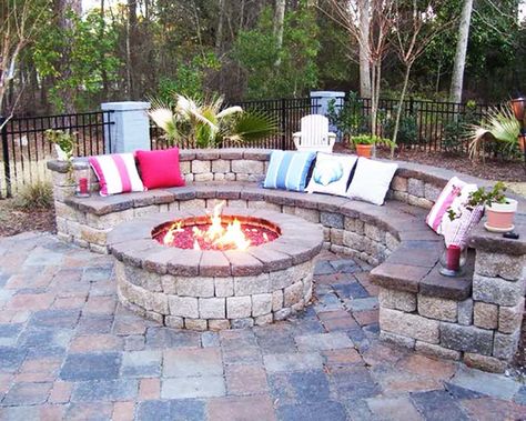 Rounded Stone Bench And Matching Fire Pit Stone Seating, Outdoor Fire Pit Patio, Diy Fire Pit Ideas, Outdoor Fire Pit Seating, Fire Pit Seating Area, Fire Pit Ideas, Outdoor Fire Pit Designs, Fire Pit Landscaping, Fire Pit Kit