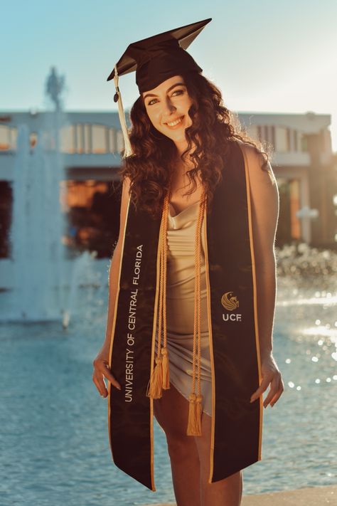 Graduation Scarf Ideas, Graduation Scarf, Ucf Graduation Pictures, Graduate Pictures, College Photoshoot, Grad Stole, Ucf Graduation, Ucf Grad, Grad Stoles