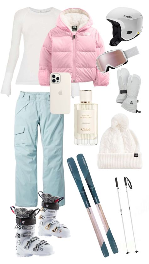 #winter#ski#preppy#skiingaestedic #outfitinspo Ski Outfit Ideas Women, Preppy Ski Outfits, White Ski Outfit, Cute Snowboarding Outfits, Ski Preppy, Skiing Aesthetic Outfits, Snowboarding Outfits, Ski Trip Essentials, Cute Ski Outfits