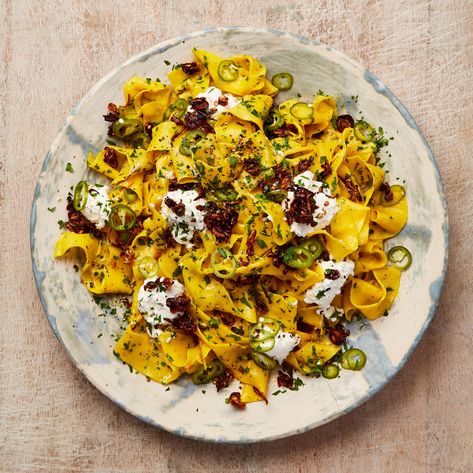 Yotam Ottolenghi’s fusion feast - recipes | Yotam Ottolenghi Shallot Pasta, Saffron Pasta, Pickled Chillies, Yotam Ottolenghi Recipes, Feast Recipes, Fusion Recipes, Ottolenghi Recipes, Mapo Tofu, Tofu Dishes