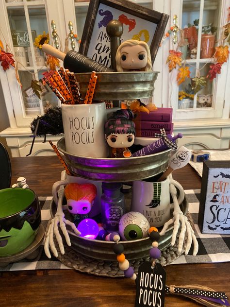 Hocus Pocus Living Room, Hocus Pocus Tiered Tray, Hocus Pocus Decorations, Hocus Pocus Party, Halloween Living Room, Disney Room Decor, Rae Dunn Halloween, Halloween Hocus Pocus, Halloween Mantel