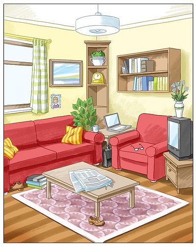 Zimmer beschreiben                                                       … Preposition Pictures, Describe The Picture, Living Room Drawing, Picture Comprehension, Picture Prompts, Paper Doll House, Speaking Activities, Interior Illustration, English Activities