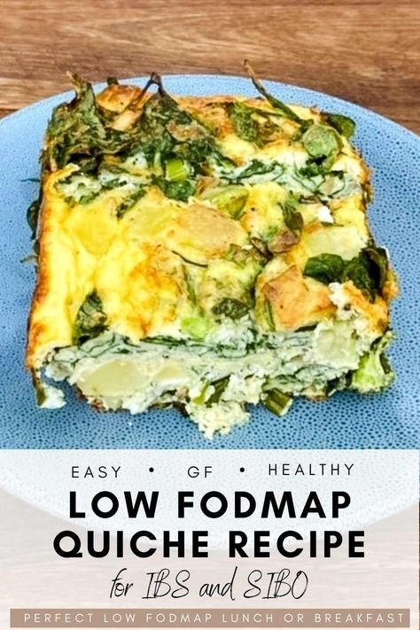 low fodmap quiche with spinach, feta and potato on a blue plate. Low Fodmap Quiche, Low Fodmap Quiche Recipes, Spinach And Feta Quiche, Feta Rolls, Quiche With Spinach, Low Fodmap Breakfast, Low Fodmap Fruits, Easy Low Fodmap, Low Fodmap Vegetables