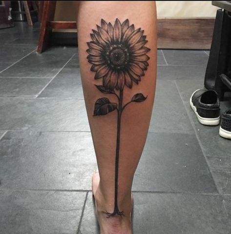 Sunflower calf tattoo 🌻 Sunflower Tattoo On Calf, Sunflower Pheonix Tattoo, Sunflower Leg Tattoo Calf, Sunflower Tattoo Calf, Sunflower Calf Tattoos For Women, Sunflower Tattoo On Leg, Sunflower Tattoo Leg, Sunflower Leg Tattoo, Side Of Calf Tattoo