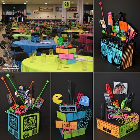 1980s centerpieces for a corporate 30th Anniversary held in fall of 2015… 30th Birthday Party Ideas, 90s Party Ideas, 90s Party Decorations, Decades Party, 80s Party Decorations, 80s Birthday Parties, 1980s Party, 90s Theme Party, 80s Theme Party