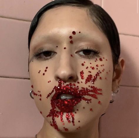 Blood Makeup, Gem Makeup, There Will Be Blood, Rhinestone Makeup, Red Makeup, Edgy Makeup, Halloween Inspo, Fantasias Halloween, Halloween Make Up