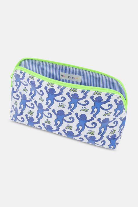 Perfect for traveling as well as daily use, our Monkey makeup bag will keep all of your beauty essentials neatly organized. Our playful monkey print ensures this bag becomes a staple in your travel kit. Materials and Care 100% Cotton Canvas with Protective Poly Coating Water-Resistant Wipe Clean Imported Measurement Information Small: 8" W, 4.75" H, 2.5" D Large: 10.5" W x 6.25" H, 3.25" D Roller Rabbit Pencil Pouch, Roller Rabbit Pencil Case, Roller Rabbit Makeup Bag, Roller Rabbit Bag, Preppy Travel Bags, Cute Travel Bags, Monkey Makeup, Cute Gift Bags, Preppy Makeup Bag