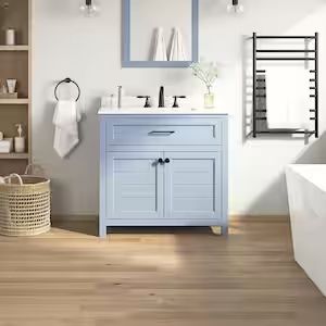 Hanna 36 in. W x 19 in. D x 34.5 in. H Single Sink Bath Vanity in Spruce Blue with White Engineered Stone Top Powder Room Cabinets, Light Blue Vanity Bathroom, Light Blue Vanity, Blue Bath Vanity, Coastal Farmhouse Bathroom, Coastal Powder Room, Home Depot Vanity, Pedestal Sink Bathroom, 60 Inch Vanity