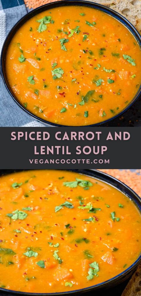 Carrot Lentil Soup, Carrot And Lentil Soup, Carrot Soup Recipes, Spiced Carrots, Vegetarian Soup Recipes, Lentil Soup Recipes, Vegan Soup Recipes, Tasty Vegetarian Recipes, Lentil Recipes