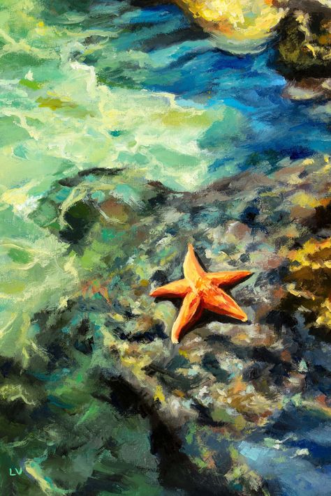 Starfish fine art PRINT. This is a colorful beach oil painting print with a starfish in the seashore, with waves and rocks. It is a perfect piece for hamptons wall art: it will look great in a beachy entryway, over cabinet, above couch... Also a unique addition to a coastal bathroom. Sea Life Artwork, Starfish Painting, Ocean Ideas, Seaside Wall Art, Ocean Artwork, Summer Painting, Inspiration Painting, Sea Painting, Ocean Painting