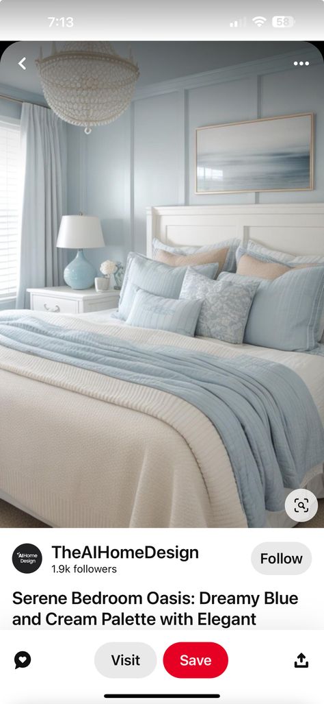 Light Blue And Tan Bedroom, Blue And Cream Bedroom, Tan Bedroom, Costal Bedroom, Cream Bedrooms, Beachy Bedroom, Bedroom Oasis, Serene Bedroom, White Room