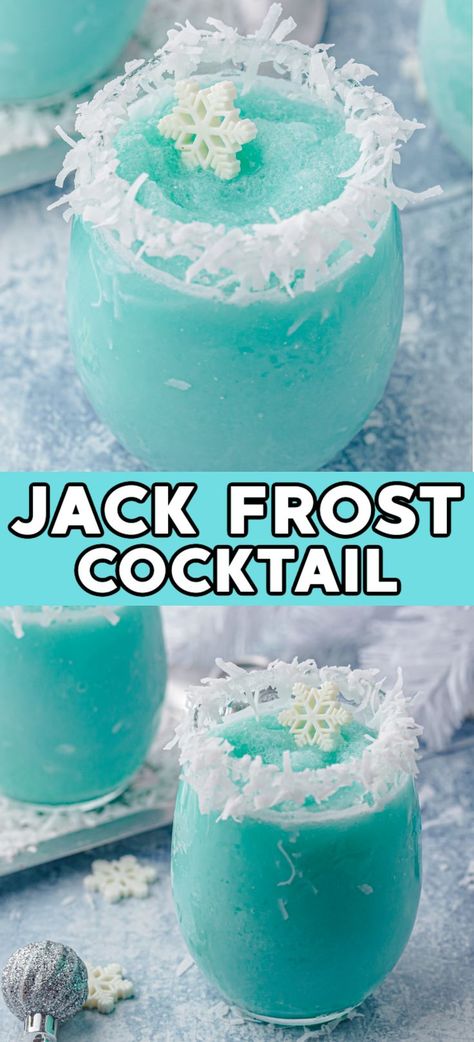 Jack Frost Cocktail – This icy frozen blue Christmas cocktail is your new favorite way to get the holiday party started! It’s the ultimate wintertime drink that tastes…tropical!! Jack Frost Alcoholic Drinks, Blue Winter Drinks, Tropical Christmas Drinks, Blue Cotton Candy Cocktail, Teal Cocktail Drink, Frozen Vodka Cocktails, Jack Frost Drink Recipe, Frozen Party Drinks, Blue Non Alcoholic Drinks