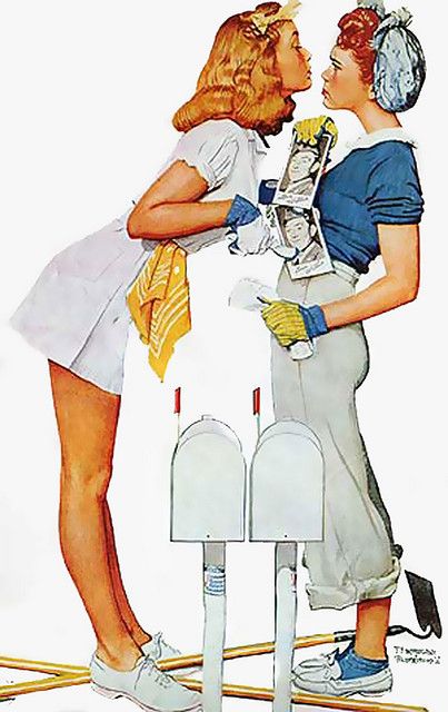 "Fighting Over Willie" ~ WWII era illustration by Norman Rockwell of two girls arguing over their 'shared' soldier boy, ca. 1940s. Norman Rockwell Art, Arte Pin Up, Rockwell Paintings, Norman Rockwell Paintings, Mail Boxes, Pinup Art, Hiasan Bilik, Plakat Design, 캐릭터 드로잉