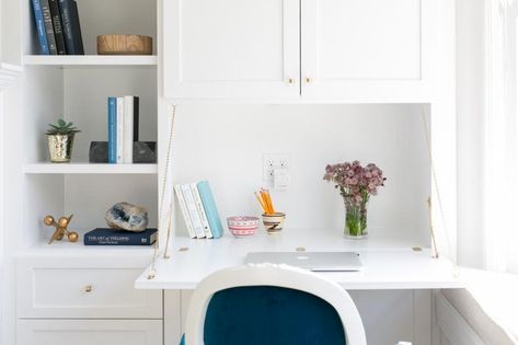 Study Nook With Built-In Shelves and Folding Desk French Blue Chairs, San Francisco Apartment, Fold Down Desk, Blue Chairs, Studio Apartment Design, Small Home Offices, Study Nook, Open Dining Room, Small Home Office