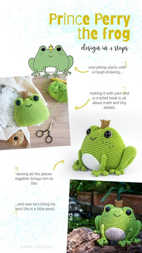 Prince Perry the Amigurumi Frog - PDF crochet pattern by Airali design Amigurumi Frog, Confection Au Crochet, Crochet Geek, Crochet Frog, Pola Amigurumi, Kawaii Crochet, Crochet Animal Patterns, Crochet Diy, Single Crochet Stitch