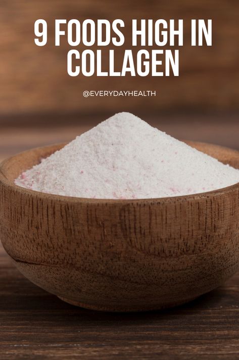 Supplements and powders are trendy, but lots of foods (including ones you may already be eating) are good sources of collagen.  Collagen is found in the bone, skin, and cartilage of animal foods.  There isn’t a recommended intake of collagen, but rich food sources include skin-on chicken, bone broth, gelatin, and small, whole fish. To support collagen production in your body, focus on eating protein-rich foods, as well as those that contain vitamin D, calcium, copper, zinc, and vitamin C. Types Of Collagen, Natural Collagen Sources, Foods High In Collagen, Foods With Collagen, Bone Broth Gelatin, Collagen Foods, Sources Of Collagen, Collagen Powder Recipes, Collagen Rich Foods