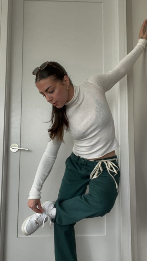 White sheer long sleeve knit, with emerald green vans pants tied with an off-white shoelace belt, and white  sneakers. Shoelace Belt Outfit, Shoelace Belt, Belt Outfit, Im Obsessed, You Never Know, Summer 2022, Staple Pieces, Come Back, In Style