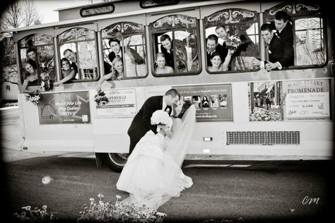 Bridal Party picture, wedding trolley    Photography by Capture the Moment Trolley Photoshoot, Trolly Wedding Pictures, Wedding Trolley Pictures, Party Bus Wedding Photos, Trolley Wedding Photos, Vintage Truck Wedding Photos, Wedding Horse And Carriage Photo Ideas, Bridal Parties Pictures, Unique Bridal Shower