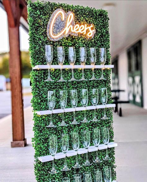 Champagne Wall Rental Grass Champagne Wall, Photo Backdrop Neon Sign, Wine Backdrop, Diy Champagne Wall, Wall With Neon Sign, Champagne Wall Wedding, Wedding Prosecco, Champagne Glass Holder, Wedding Champagne Bar