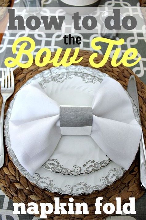 Tie Napkin Fold, Napkin Ring Folding, Bow Tie Napkins, Diy Napkin Folding, Bow Napkin, Fancy Napkin Folding, Make A Bow Tie, Cloth Napkin Folding, Paper Napkin Folding