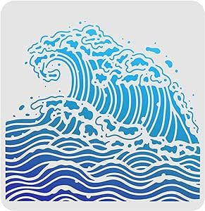 FINGERINSPIRE Sea Waves Drawing Painting Stencils Templates 11.8x11.8 inch Plastic Stencils Decoration Square Reusable Stencils for Painting on Wood, Floor, Wall and Fabric Sea Waves Drawing, Wood Floor Wall, Wave Stencil, Art Deco Stencil, Wave Drawing, Painting Stencils, Stencils For Painting, Japanese Fish, Reusable Stencils