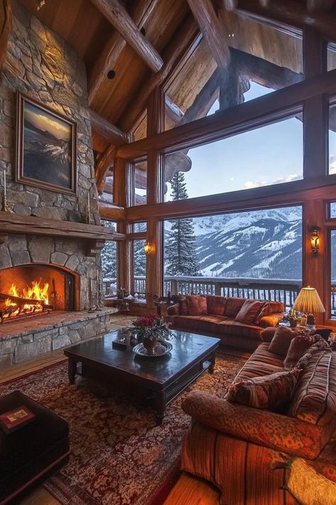 Luxury Mountain Lodge With a Grand Stone Fireplace in the Great Room stunning winter mountain views. Check out and drool over all of these enchanting mountain homes with stone fireplaces–the ultimate cozy and rustic retreats.