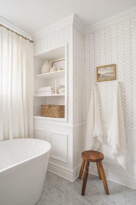 Serena And Lily Bathroom, Serena And Lily Wallpaper, Niche Shelves, Grey Floating Shelves, Teak Bath, Marble Bathroom Floor, Master Bath Design, Feather Wallpaper, Wooden Bath