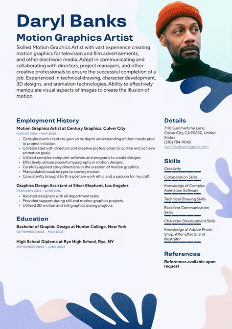 Motion Graphics Artist Resume Example & Writing Guide · Resume.io Graphic Resume, Artist Resume, Resume Summary Examples, Designer Resume, Video Resume, Resume Summary, Writing Guide, Design Assistant, List Of Skills