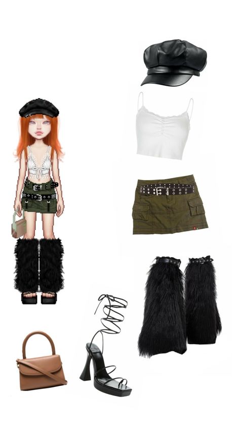 Green Mini Skirts, Y2k Beret Outfit, Outfits With Green Cargo Skirt, Green Cargo Skirt Outfits Y2k, Brown Leg Warmers Outfit, Y2k Cargo Skirt, Green Cargo Mini Skirt Outfit, Brown Cargo Skirt Outfit, Grommet Belt Outfit