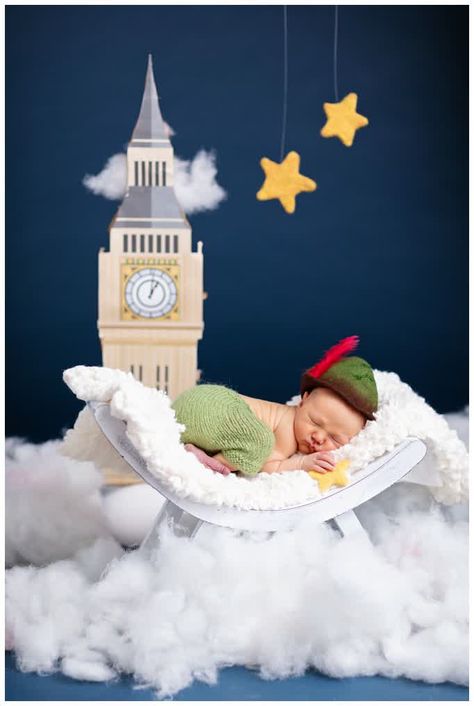 Peter Pan Newborn Pictures, Disney Newborn Photography, Disney Newborn Pictures, Disney Baby Photoshoot, Baby Boy Disney, Disney Photoshoot, Neverland Nursery, Newborn Photography Ideas, Kids Milestones