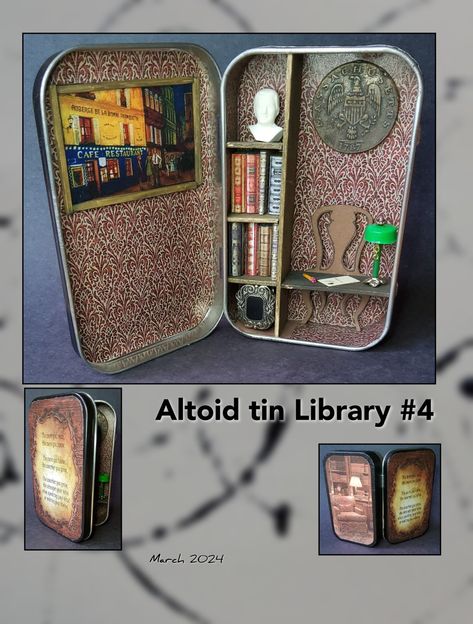 Altoids tin / DIY / miniature library Altoid Tin Ideas Diy Gift, Altoid Tin Library, Altoid Tin Games Diy, Tin Projects, Mint Tin Crafts, Altoids Wallet, Dollhouse Makeover, Wallet Ideas, Miniature Library