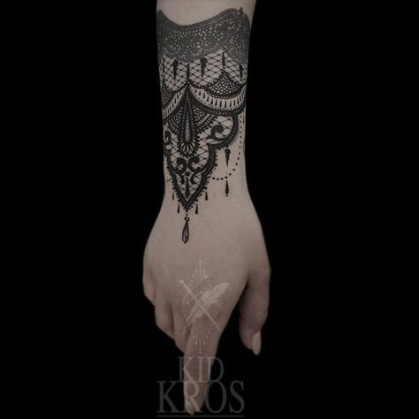 Beautiful lace tattoo #lacetattoos #neotraditionaltattoos #KidKros | Mar 10th 2016 | 4941 Wrist Hand Tattoo, Lace Tattoos, Black And White Tattoo, Wrist Tattoo Cover Up, Lace Tattoo Design, 10 Tattoo, Cuff Tattoo, Explore Tattoo, Facial Tattoos