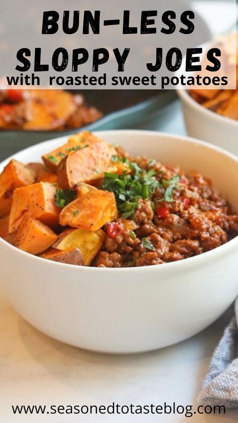 Take a bread-less spin on classic Sloppy Joes! This timeless recipe tastes just like the old but with a healthier twist without the canned sauce and buns. Ready in under thirty minutes, have this tasty, nostalgia meal on your dinner table and watch your family devour this tasty weeknight meal! Sloppy Joes Bowls, Healthy Sloppy Joes, Sloppy Joes Easy, Family Meal Prep, Sweet Potato Bowls, Sloppy Joes Recipe, Sloppy Joe, Healthy Comfort Food, Sloppy Joes