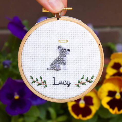 Custom cross stitch patterns on Instagram: “In loving memory of Schnauzer Lucy. Custom dog portrait can be a touching pet memorial gift for any person.❤️ We use real photos of the dog…” Memorial Cross Stitch, Cross Stitch Dog, Memorial Cross, Schnauzer Gifts, Schnauzer Art, Stitch Family, Cross Stitch Family, Fur Tree, Cute Presents